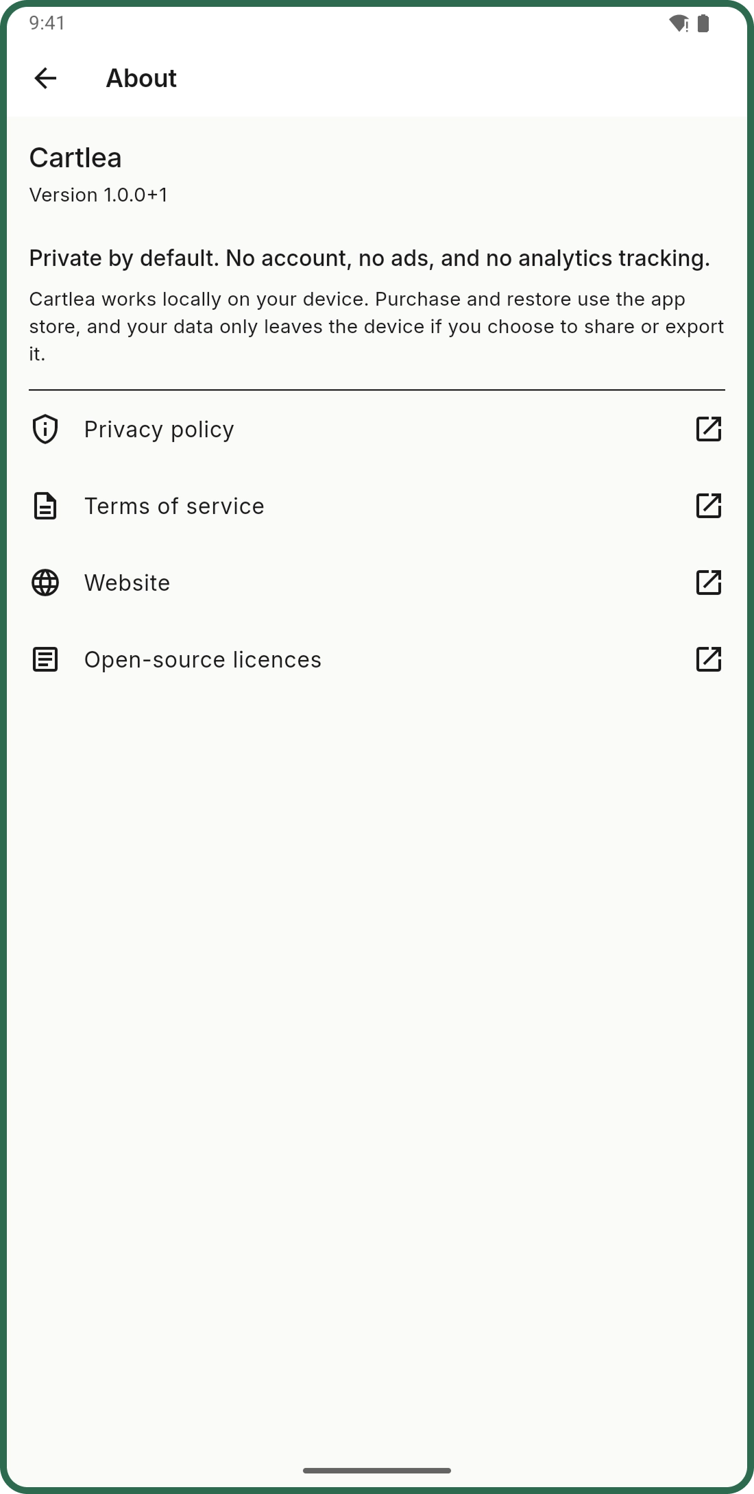 Cartlea about screen showing the private-by-default privacy message.