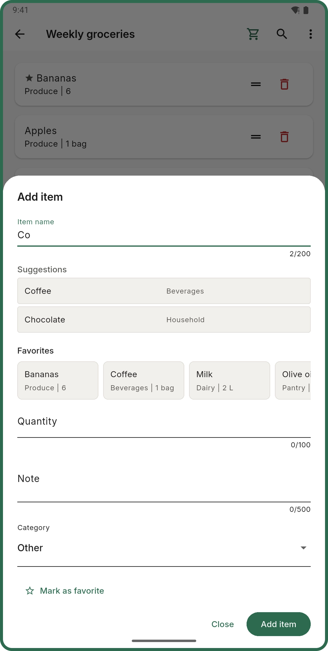 Cartlea fast add screen for quickly adding shopping items.