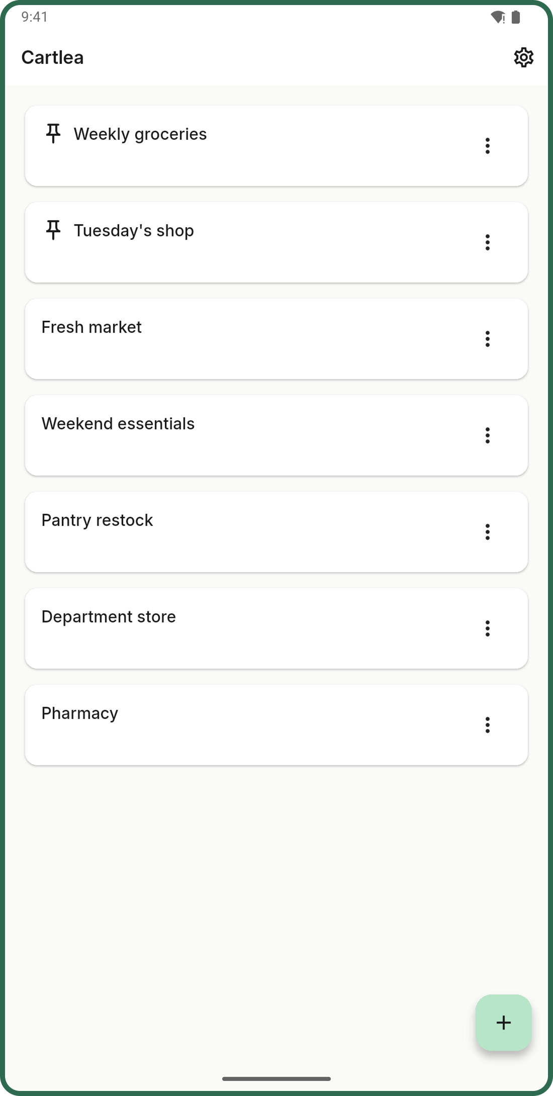 Cartlea home screen showing several shopping lists.
