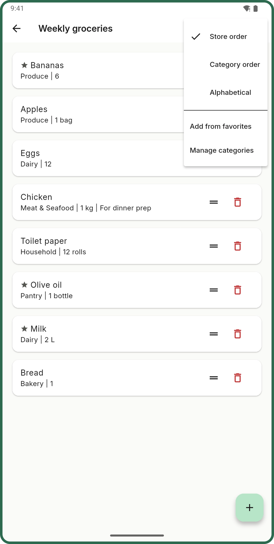 Cartlea list organisation screen showing categories and ordering controls.