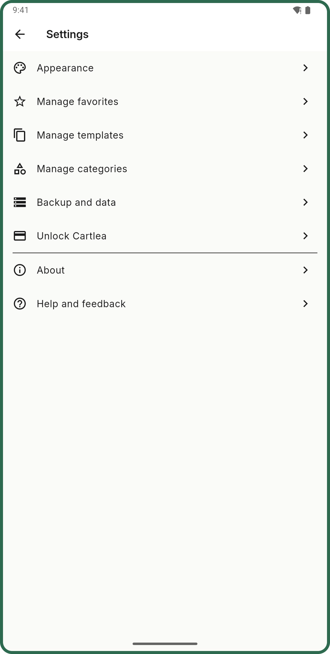 Cartlea settings screen showing appearance, categories, backup and data, and support options.