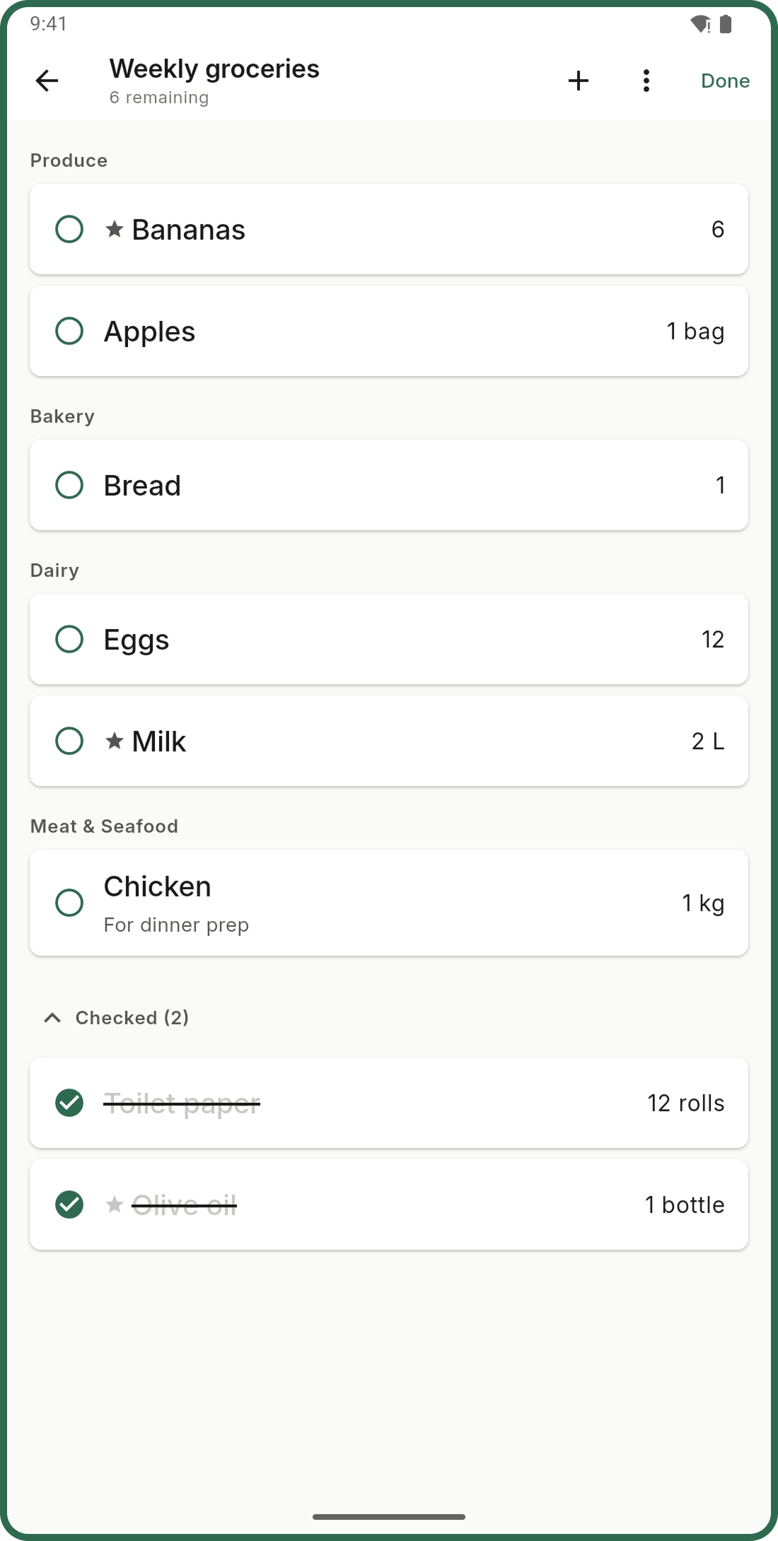 Cartlea shopping mode showing large readable items for in-store check-off.
