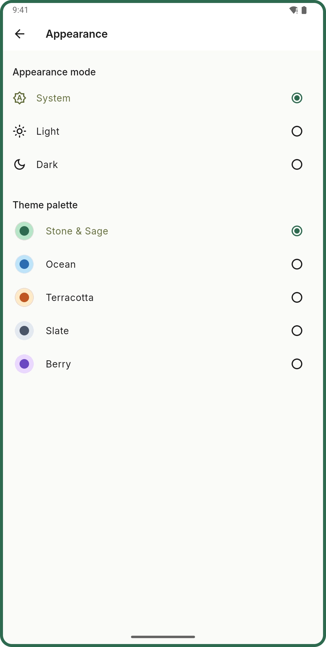 Cartlea appearance screen showing theme choices.